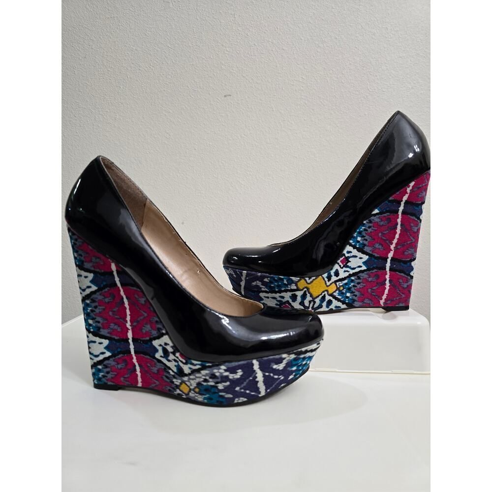 Steve Madden Heels Platform Wedge Black Patent Ikat Chunky Y2K Women's Size 8.5